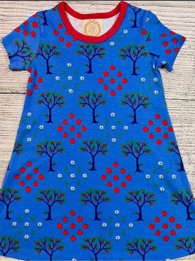 The Beaufort Bonnet Company Blue Apple Tree Print Dress with Red Trim